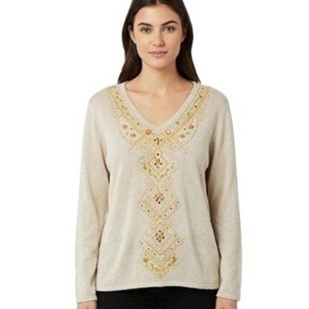 Alfred Dunner Sweater Womens XL Beige‎ V Neck Embellished Beaded Metallic Knit